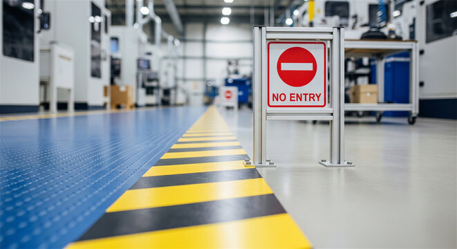 Industrial No Entry safety sign in modern factory, restricted area warning in manufacturing plant, yellow hazard floor markings in warehouse