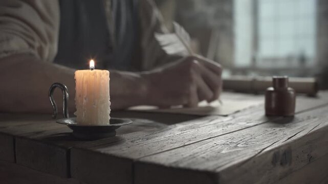 Burning candle on a holder on a wooden table in the blurred background of a master writing a manuscript with a feather pen near a clay ink pot inside a medieval studio