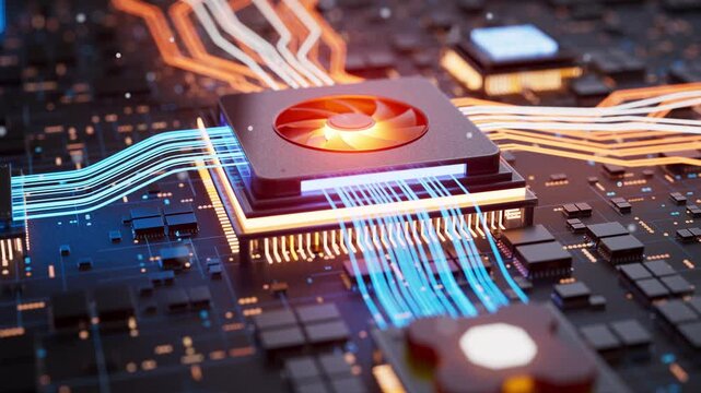 High-tech CPU with active cooling and illuminated data lines across a circuit board, visualizing artificial intelligence and fast processing.