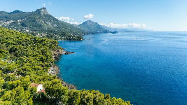 Scenic panoramic coastal view near Maratea, in the Basilicata region of Italy.