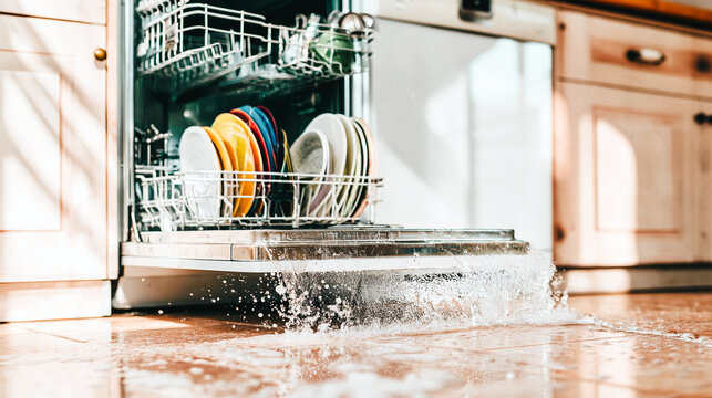 Dishwasher door open with water flowing onto kitchen floor  