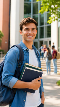 Young college student standing outdoors with backpack and books on a campus walkway near a school building