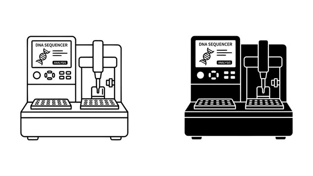 DNA Sequencer Machine: A modern DNA sequencer machine, depicted in both outline and silhouette, ready for genetic analysis and research.