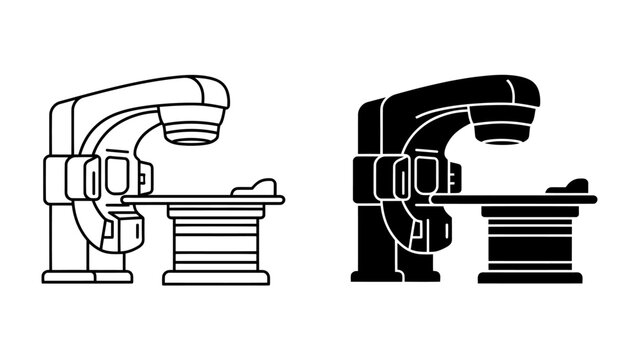 Linear Accelerator Machine Icon: A set of two linear accelerator icons, one in outline and one in silhouette, represent advanced medical technology used for radiation therapy.