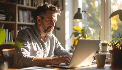 Fototapeta premium Man Working in Warm Sunlit Home Office Workspace with Laptop and Plants