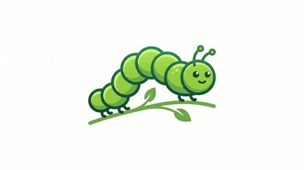 Fototapeta premium A cute and cheerful green caterpillar cartoon character crawling on a small tree branch with leaves