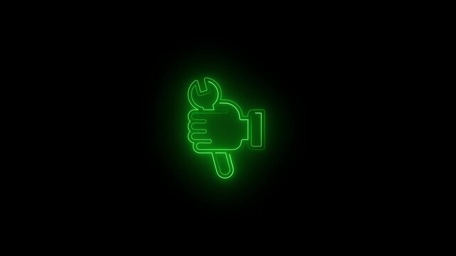 Glowing neon setting icon, spinning gears setting animation. Technology Wrench setting icon. on the black, background Animation of glowing neon Wrench tools and hammer icon