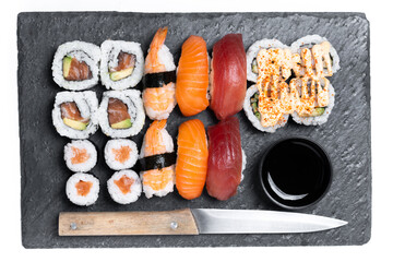 Assorted sushi platter with nigiri and maki rolls © chandlervid85