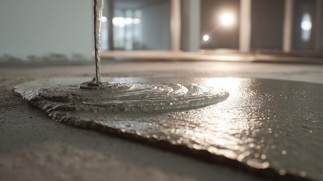 Fresh concrete pour spreads over damaged floor, showing repair, leveling, and seamless overlay in an unfinished interior.