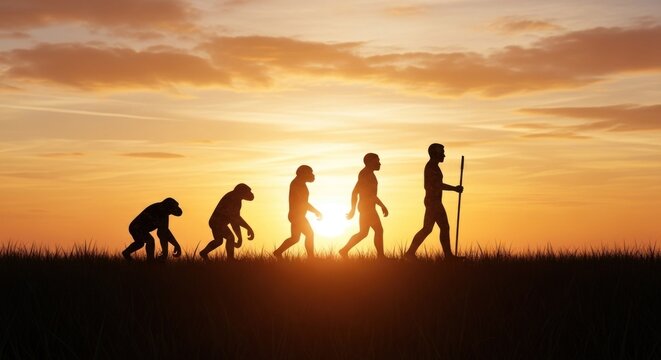Silhouette of human evolution from ape to modern man at sunset.
