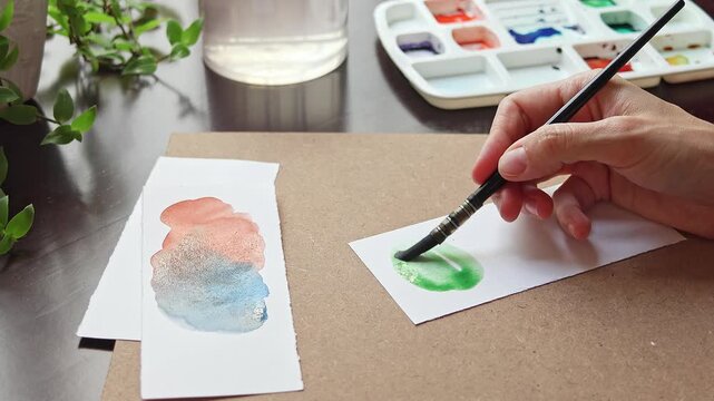 Artist painting with watercolor on paper using water to create soft texture. Close up of paintbrush blending wet paint in home studio during creative painting process.