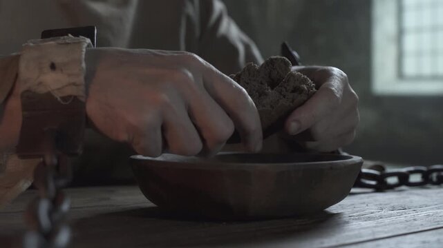 Chained hands of a medieval prisoner snapping a rye loaf over a wooden bowl inside a gloomy cell