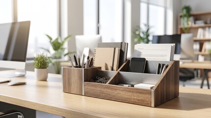 Fototapeta premium Organized desk organizer with office supplies by a bright window, workspace organization, productivity, modern office, business efficiency.