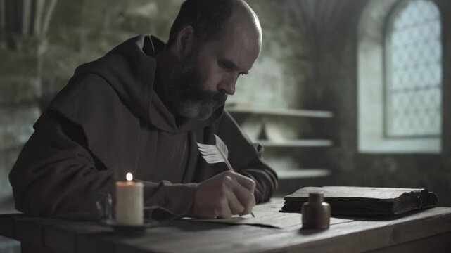 Monk with a feather pen transcribing from an open book on a rustic table surface next to a burning candle, inside a dark monastery library