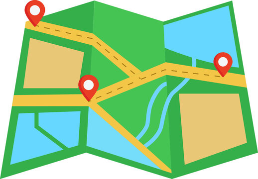 Colorful unfolded map displays route with pinpoint markers indicating destinations, ideal for travel planning or geographic studies.