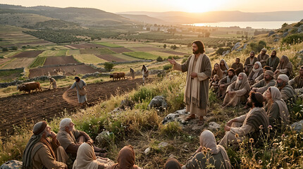 Fototapeta na wymiar Jesus christ preaching to a crowd of followers on a hillside at sunset