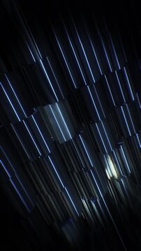 A dark futuristic background loop featuring acoustic tech style panels that move and spin in a random motion.

