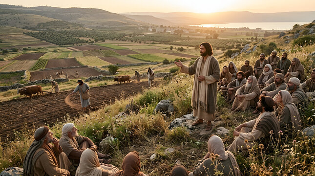 Jesus christ preaching to a crowd of followers on a hillside at sunset