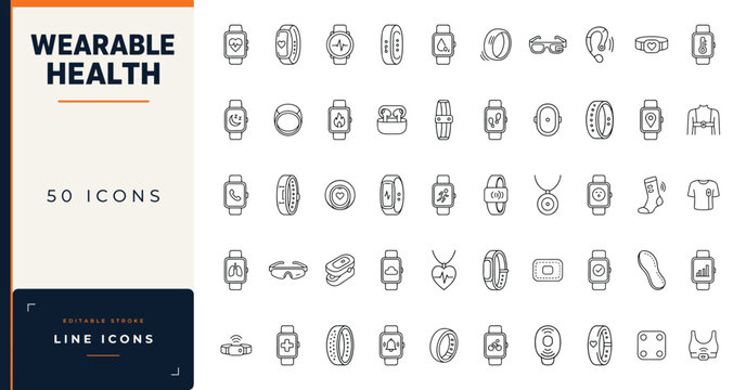 Wearable health technology line icon set featuring smartwatches, fitness trackers, smart rings, biometric sensors, and connected medical devices