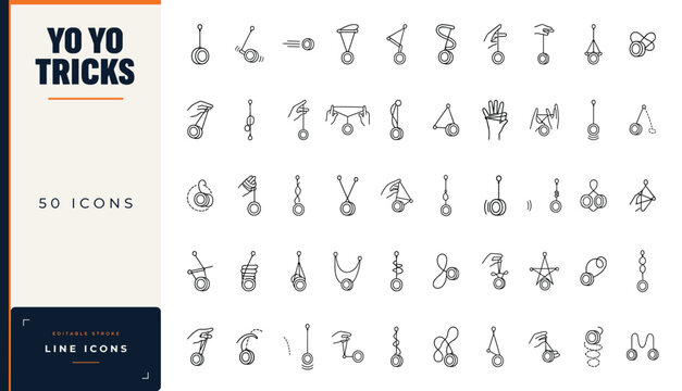 Yo-yo tricks line icon set featuring various string maneuvers, hand positions, spinning techniques, and classic toy play styles