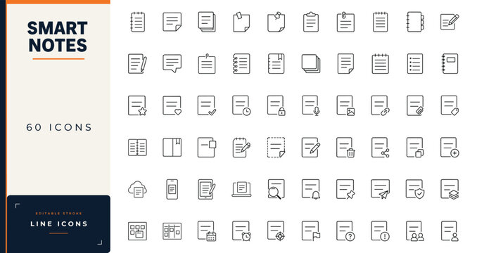 Smart notes and document management line icon set featuring notebooks, sticky notes, digital files, clipboards, and note-taking actions