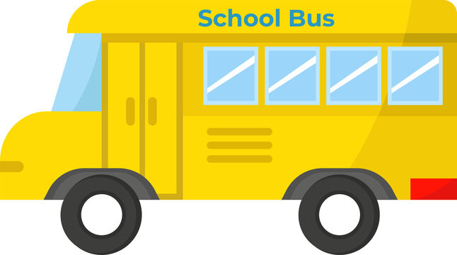 Bright yellow school bus illustration depicts safe student transport, representing education, learning, childhood, community values.