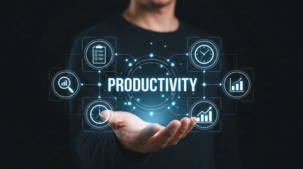 Obraz premium Man holding glowing productivity symbol for business optimization