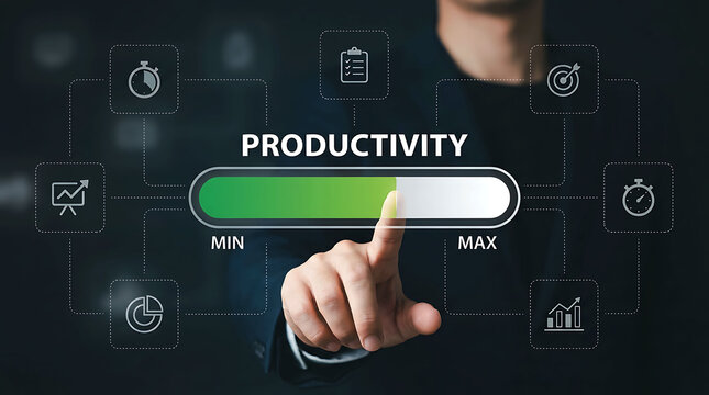 Businessman pointing at productivity level loading progress bar interface
