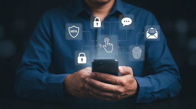 Man using multi factor authentication MFA security system on smartphone