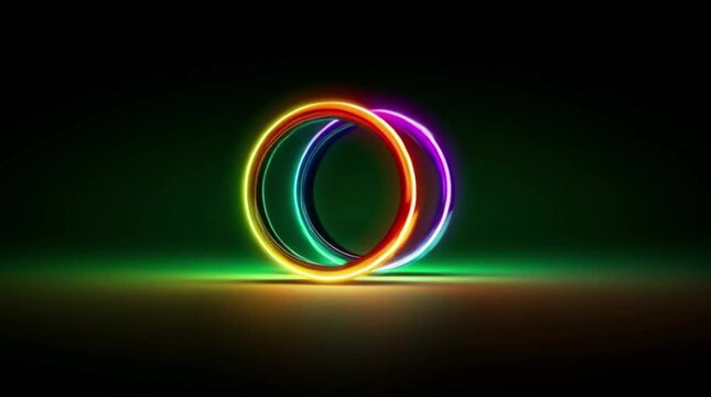 2 neon multicolored rings rotating on a dark background