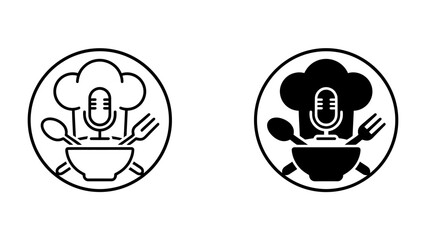Culinary Podcast Icon: A striking graphic representing a culinary podcast, featuring a chef's hat, microphone, bowl, spoon, and fork, in both outline and solid fill versions. © abidakhatun