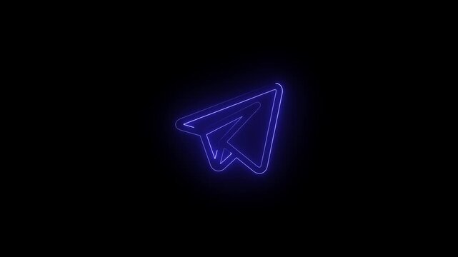 Glowing neon telegram icon isolated on black background. HD Video motion graphic animation 4k