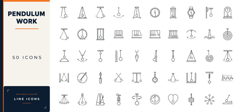 Pendulum work line icon set featuring clocks, Newton's cradle, metronomes, swinging motion, and physics concepts