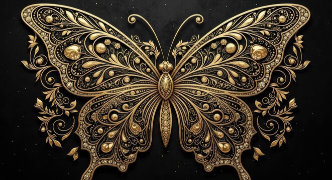 Ornate golden butterfly design on black background.