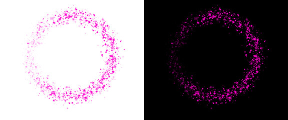 Pink glitter circle frame on white and black background, sparkling magenta dust ring border, glowing fuchsia particle wreath for festive celebration design © AMS Studio