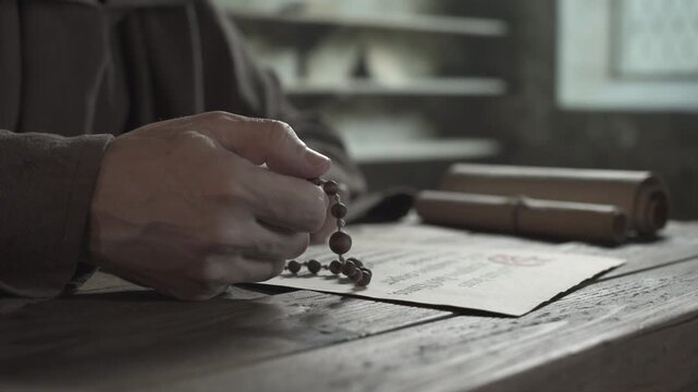 Hand of a medieval monk in a brown habit holding and counting wooden rosary beads next to a parchment page with handwritten text on a rough wooden table, inside a scriptorium