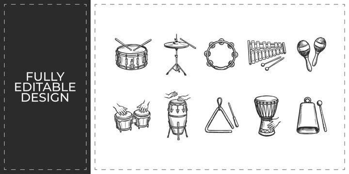 Rhythmic musical instruments and percussion hand drawn doodle icons featuring drums and tambourine for sound production and live music event branding design graphics