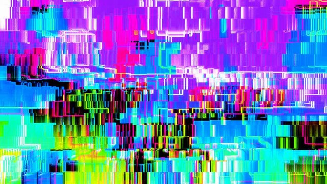 Purple and cyan pixelation glitch with horizontal scanning line distortion flickering on a seamless loop. Pairs with retrofuturism and cosmic branding aesthetic in a 4K video transition.