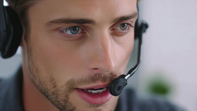 A businessman wearing a headset over his ears, focused on work.