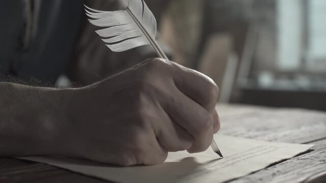Close up of master hands writing cursive text with a quill pen on parchment paper on a rustic wooden table inside a medieval craftsman workshop