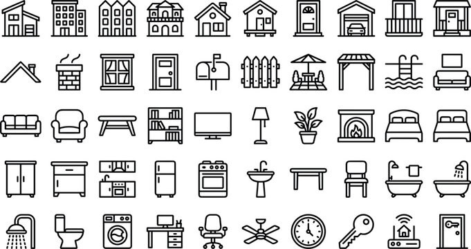 House construction and home interior line icon vector set featuring residential buildings, furniture, outdoor backyard elements, kitchen appliances, and real estate icons