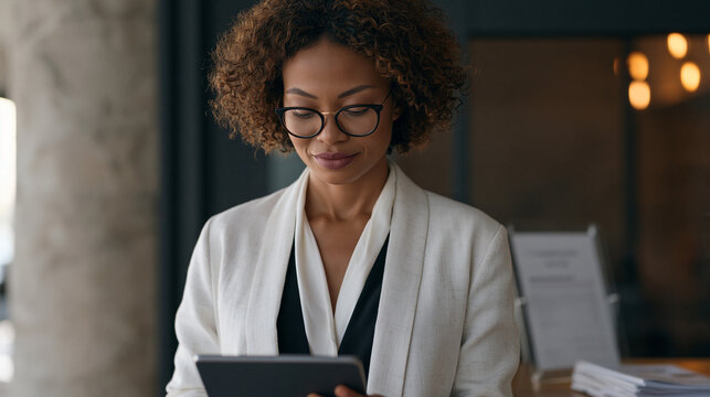 Ghanaian corporate attorney reviews board resolution workflow software on tablet during pre-meeting setup, agenda item approval status indicators visible, printed shareholder
