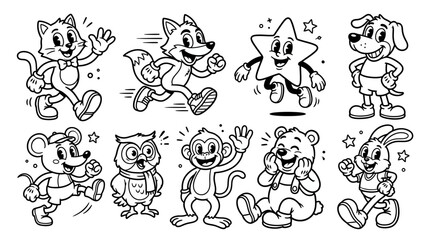 Obraz premium Set of eight charming cartoon characters in a retro rubber hose style, featuring various animals and a star.