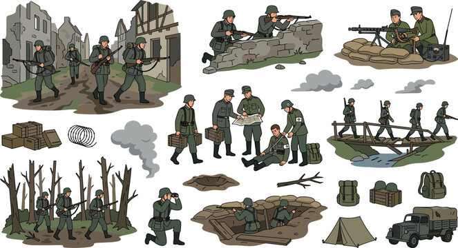 Military soldiers in World War II combat uniforms set with infantry fighting, trenches, vintage equipment, ruins, and battle scene isolated vector elements