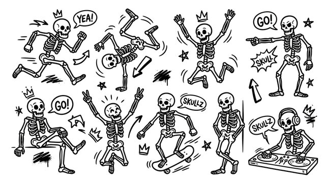 Set of funny skeleton characters in various poses and activities, hand-drawn doodle style.