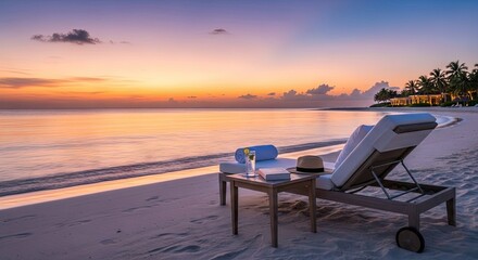 Fototapeta premium Tropical beach sunset with lounge chairs on sand.
