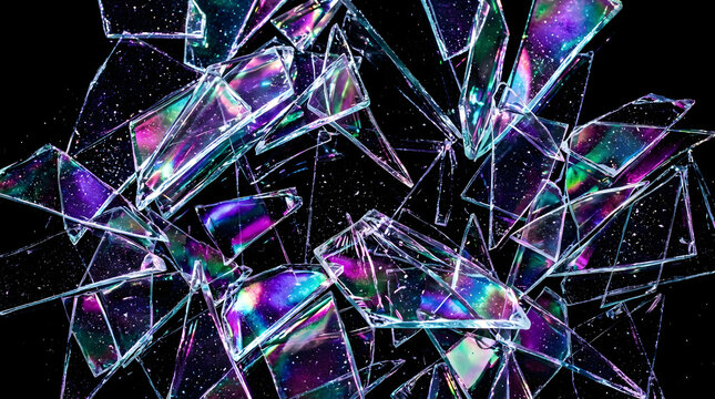 Holographic design elements shattered glass with iridescent reflections and space background