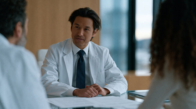 Filipino bioethics lawyer and a senior scientist debating gene patent reform documents spread across a glass meeting table, intellectual property law, biotechnology policy, legal