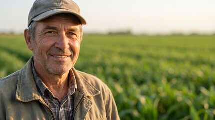 Fototapeta premium Portrait of a Mature Farmer Standing in a Healthy Green Field