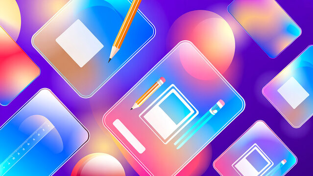 Modern glassmorphism style digital illustration of school stationery with frosted glass panels, pencils and notebooks on vibrant gradient background.